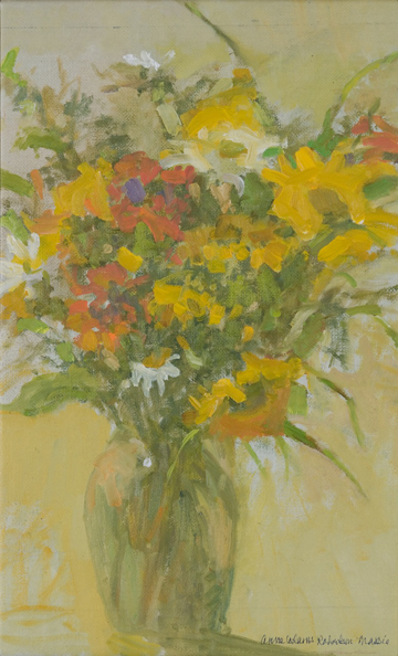 Caitlyn's Sunflowers and Zinnias by Anne Adams Robertson Massie at Les Yeux du Monde Gallery
